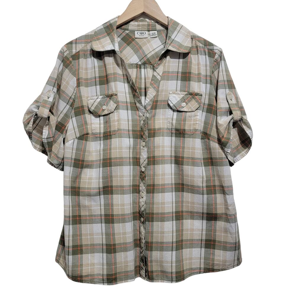 Cato Womens Plaid Shirt Button Front Short Roll Tab Sleeves Size 14/16W
